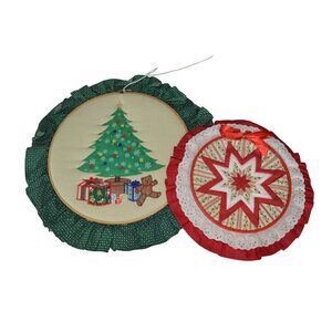 Vintage Handmade Cross Stitch Quilted Christmas Holiday Wall Hangings 2 Pieces